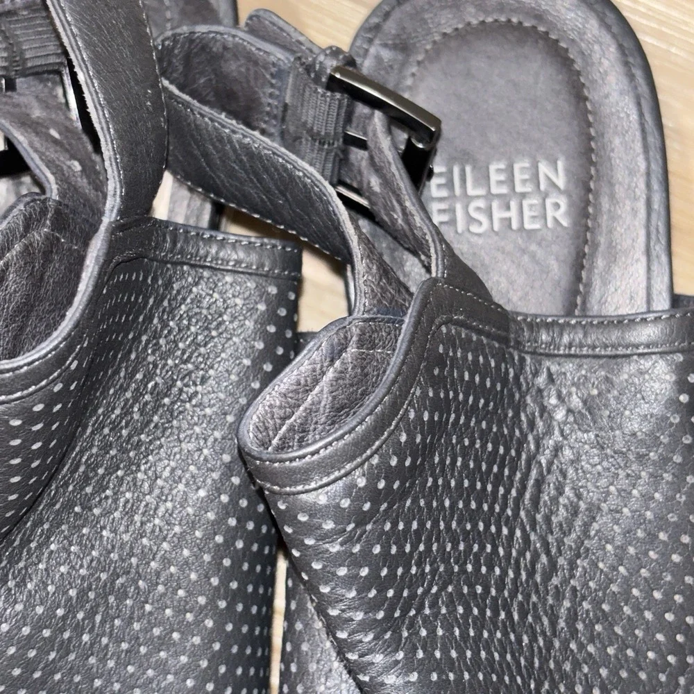 Eileen Fisher Gray Leather Cut Out Peep Toe Sandals 7.5 Preppy Classic Comfort‎